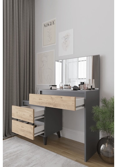 Viona 3 Çekmeceli, Aynalı Makyaj Masası A.çam-antrasit