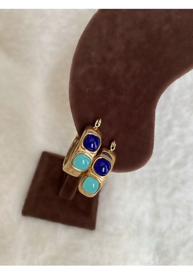 Turkuaz - Mavi Mineli Halka Gold Çelik Kararmaz Küpe Çifti Altın
