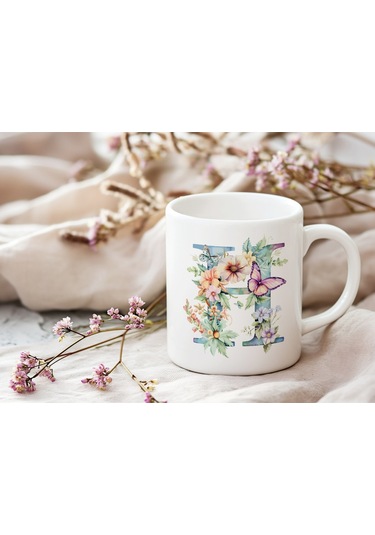 H Harfi Çiçekli Kupa Bardak - Soft Renk Çiçek Ve Kelebek Desenli Zarif Kahve Kupası - Bohem Beyaz