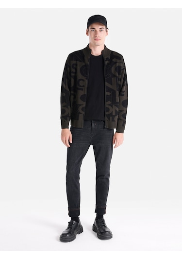 Colins Regular Fit Fermuarlı Baskılı Triko Siyah Erkek Hırka Cl1065574 Siyah