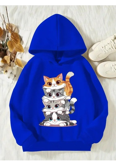 Kışlık Kapüşonlu Sweatshirt, Çocuk Kediciklerbaskılı Mavi