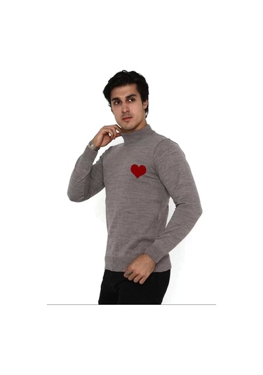 Unisex Yarım Boğazlı Baskılı Dokuma Triko - Vizon Vizon