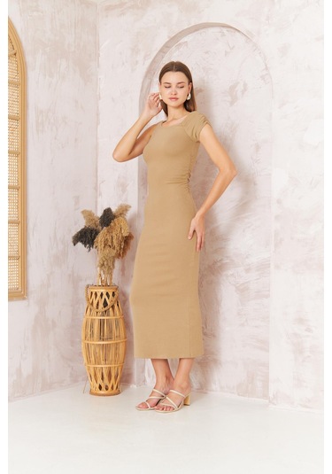 Kadın Kısa Kollu Tek Omuz Kaşkorse Bej Elbise Dm1051 Bej