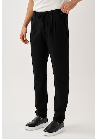 Alexandergardi Regular Fit Beli Lastikli Keten Pantolon Siyah