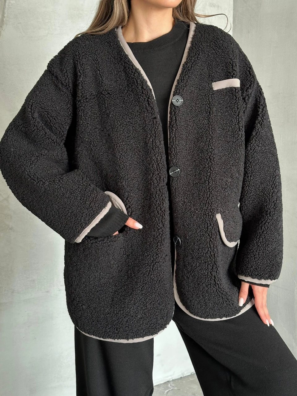 Siyah Oakland Şerit Detaylı Bürümcük Ceket Siyah