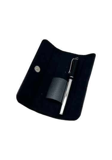 Siyah Gümüş Deri Kılıflı Tükenmez Roller İmze Kalemi 1209gm