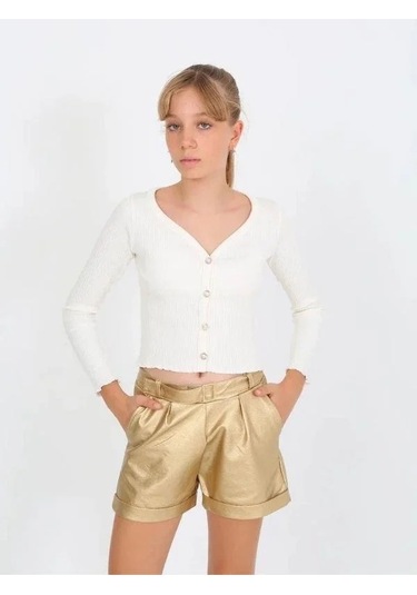 Kız Çocuk Kaşkorse Taşlı Düğmeli Hırka-14807 Ekru