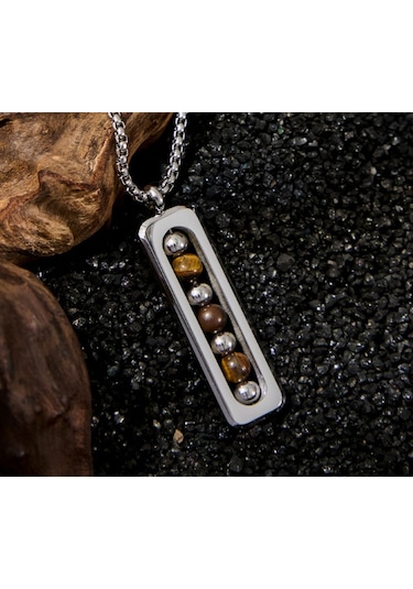 Erkek 316l Kaplangözü Doğal Taşlı Çelik Kolye 9133 Gümüş