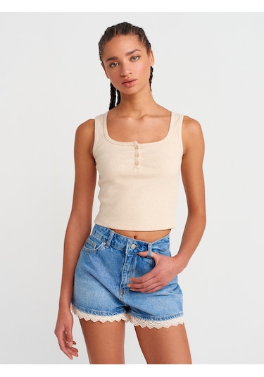 Dilvin 20983 Düğmeli Kare Yaka Top-bej Melanj Bej Melanj