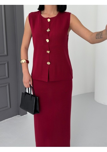 Kadın Düğme Detaylı Yelek Uzun Etek Alt Üst Triko Takım Bordo