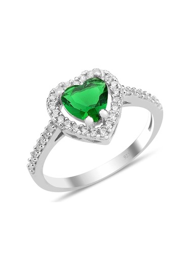 Takılingo 925 Ayar Gümüş Yeşil Taşlı Pırlanta Montürlü Kalp Model Kadın Yüzük Gümüş