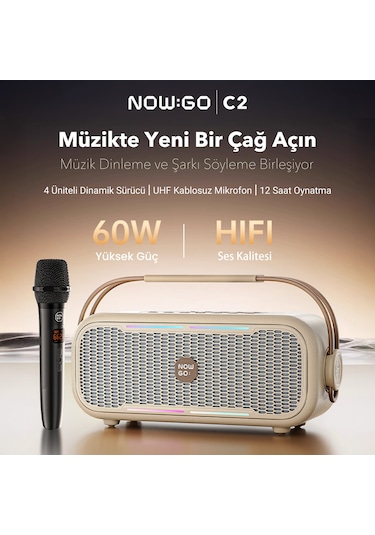 Nowgo C2 60w Taşınabilir Rgb Bluetooth Hoparlör Mikrofonlu Karaoke Parti Speaker Bej