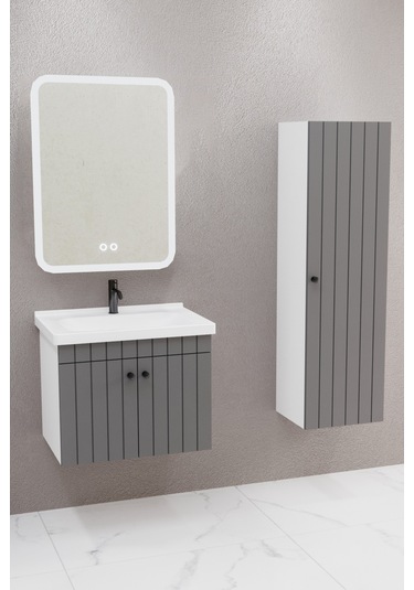 Avien 65 Cm Banyo Dolabı Cmr Led Aynalı Antrasit- Boy Dolap Dahil Antrasit