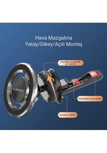 Eh213 Izgara Klipsli Manyetik Mıknatıslı Magsafe Araç İçi Telefon Tutucu Siyah