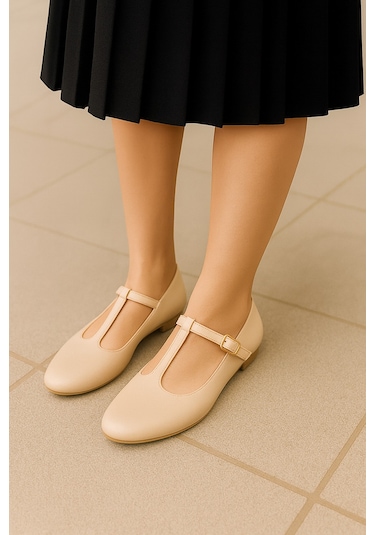 Siyah Süet T-strap Mary Jane Tasarım Babet Bej Rugan