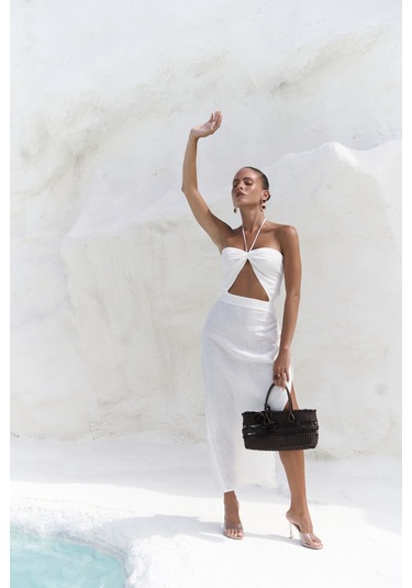 Abrossa Boyundan Bağcıklı Asimetrik Ekru Keten Elbise Ekru