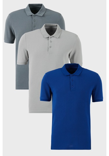 Buratti Pamuklu Regular Fit Düğmeli Polo Yaka 3'Lü Paket Erkek T Shirt 5902127S3 Saks-Açık Haki-Kül
