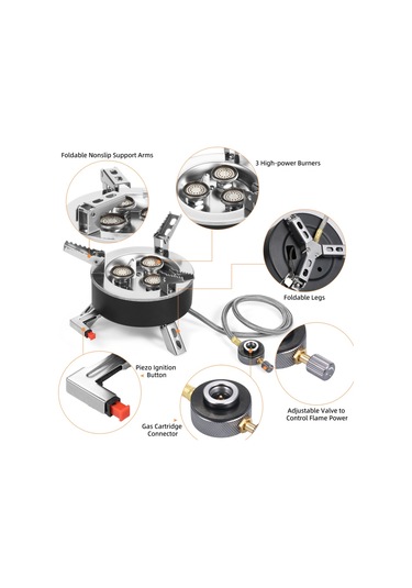 Mufunye Kamp Gazlı Ocak, 6800w, Katlanabilir 3 Ocağı Ve Piezo İğneli - Kamp, Yürüyüş, Piknik Ve Acil Durumlar İçin Siyah