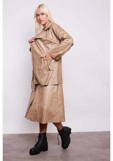 Kraş İnce Deri Yüksek Bel Yan Cepli Kiloş Uzun Etek-Bej