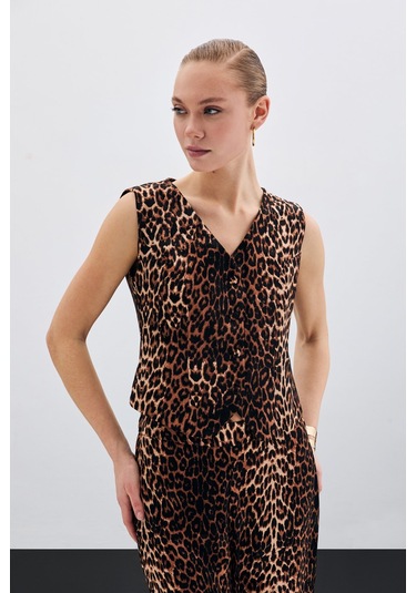 Sateen Kısa Leopar Yelek - Siyah-135502 Siyah