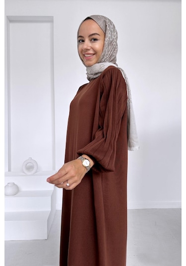 Balon Kol Merserize Elbise - Kahverengi