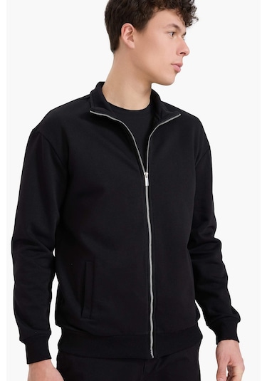 DeFacto Comfort Regular Fit Rahat Kalıp Dik Yaka Cepli Basic Düz Fermuarlı Sweatshirt A5276AX25SPBK81