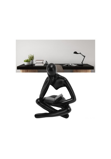 Kangvka Siyah Reçine Düşünür Figürü - Oturur Kişi Heykeli, Ev Dekorasyonu, Kitaplık Mutfak Ofis Dekoru, Hediye Önerisi