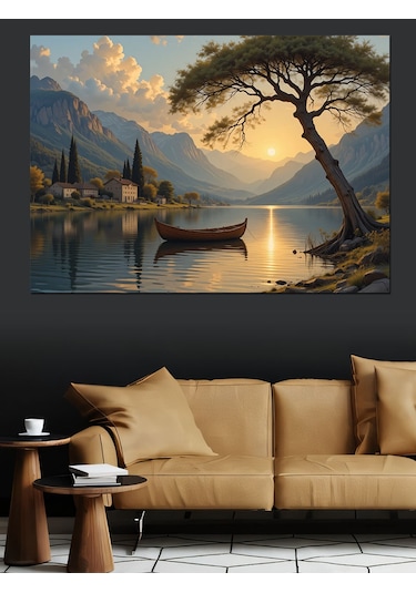 Göl Kıyısında Günbatımı Dekoratif Kanvas - Mdf Ahşap Tablo