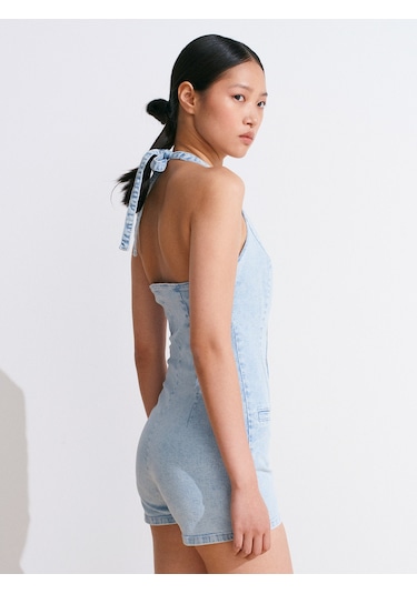 Dilvin 72023 Önü Fletolu Kısa Denim Tulum-mavi Mavi