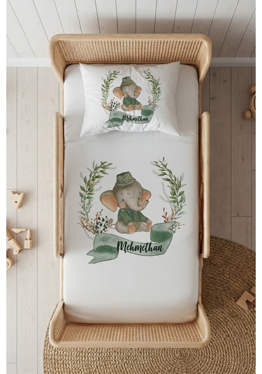 %100 Pamuk Saten İsme Özel İsimli 100x200 Tek Kişilik Lastikli Çarşaf Seti Sevimli Fil Beyaz