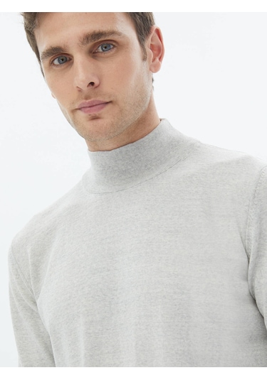 Kip Açık Gri Yarım Balıkçı Yaka Düz Örgü Yün Karışımlı Triko Çok Renkli