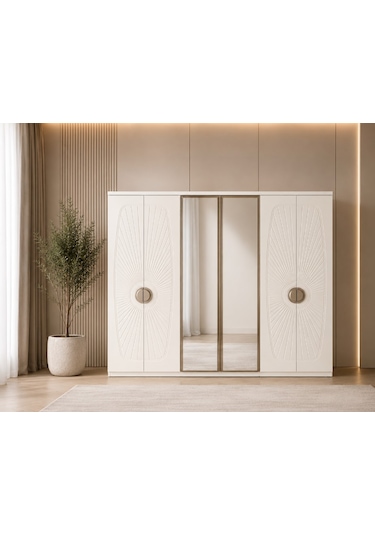 Darius Tamamı Mdf 6 Membranlı Kapaklı Reflekte Camlı Gardırop Dolap Beyaz