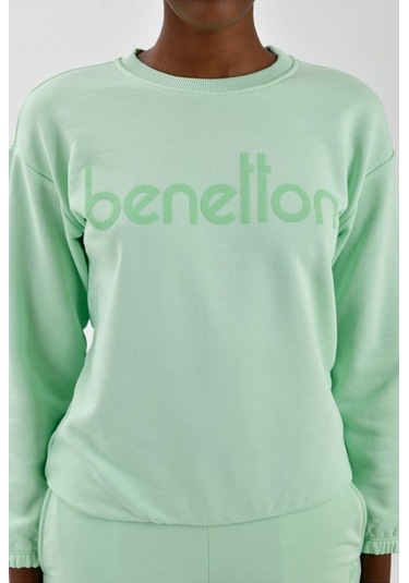 Kadın Önü Logo Baskılı Bisiklet Yaka Sweatshirt Mint