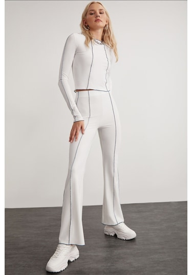 Fatima Kadın Beyaz Dikiş Detaylı Wide Leg Beyaz Pantolon