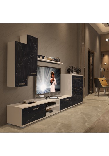 Decoraktiv Eko 6 Mdf Dvd Tv Ünitesi Tv Sehpası Beyaz - Siyah Mermer