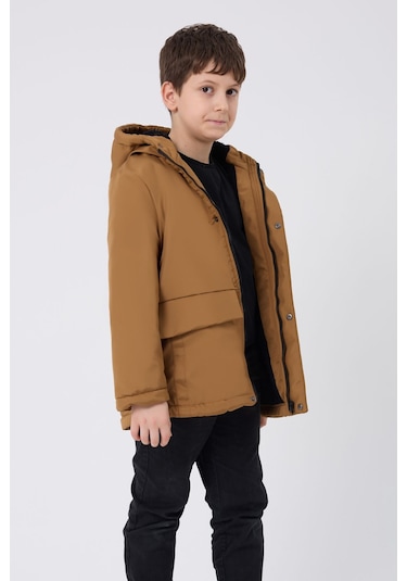 Erkek Çocuk Taba Içi Kürklü Su Ve Rüzgar Geçirmez Kapüşonlu 3 Cep Kışlık Mont & Kaban & Parka Taba