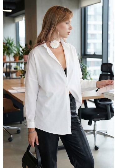Armonika Kadın Ekru Oversize Uzun Basic Gömlek Arm-22y001118