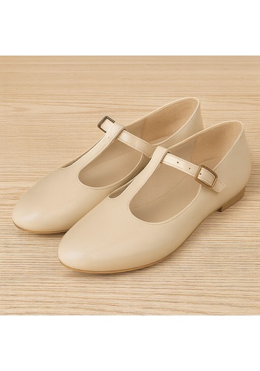 Siyah Süet T-strap Mary Jane Tasarım Babet Bej Rugan