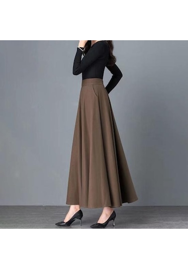 Kadın Maxi Etek Elastik Yüksek Bel Büyük Etek A Kesim Uzun Etek Cepli Düz Renk Ofis Siyah