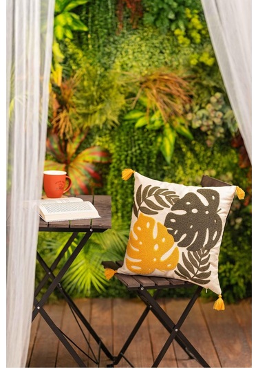 Botanik Yaprak Desenli Püsküllü Kırlent Kılıfı Kahverengi - Sarı Çok Renkli