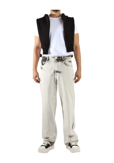 Denim Beyaz Gri Geçişli Bol Paça Pantolon Beyaz