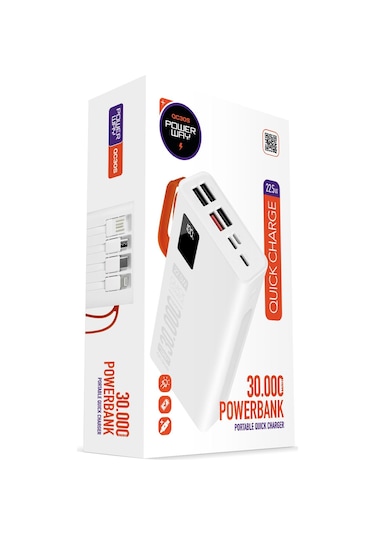 30.000 Mah Pd 22,5w Dahili Kablolu Powerbank Qc30s BEYAZ