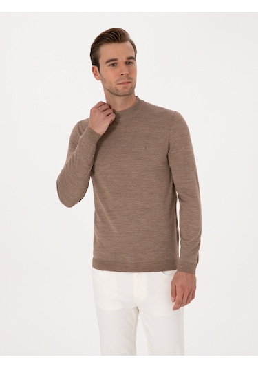 Cacharel Vizon Slim Fit Yün Karışımlı Çeyrek Balıkçı Basic Triko Kazak Kahverengi