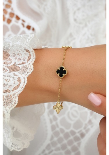 14k Altın Kaplamalı 925 Ayar Gümüş Granada Saray Yoncaları Bileklik - Siyah Oniks 45103302 Altın