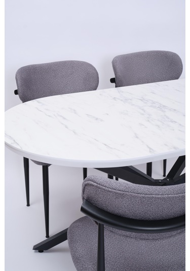 Bohem Metal Polo Boyalı Mdf Lak Panel Yemek Masa Takımı 90x170 Beyaz Mermer