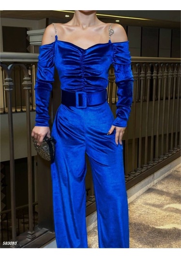 Modasize Kadın Modanna Yaka Zincir Askı Detay Kemer Dahil Kadife Kumaş Tulum Mavi