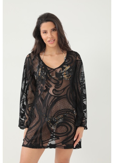 Kolları Volanlı Şal Desen Elbise Siyah