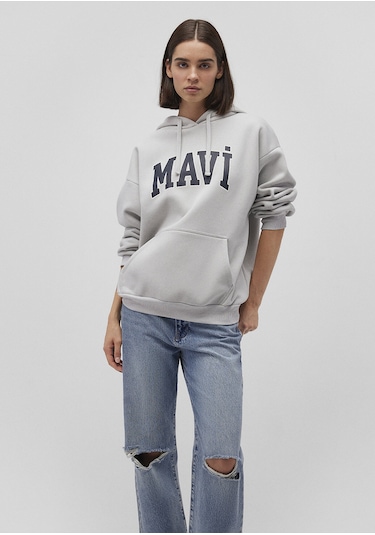 Mavi - Mavi Logo Baskılı Kapüşonlu Gri Sweatshirt 1600361-34322 Gri