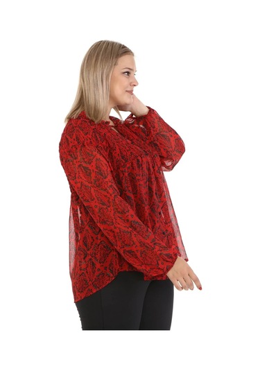 Gipe Detaylı Şifon Bluz-1490 Kırmızı