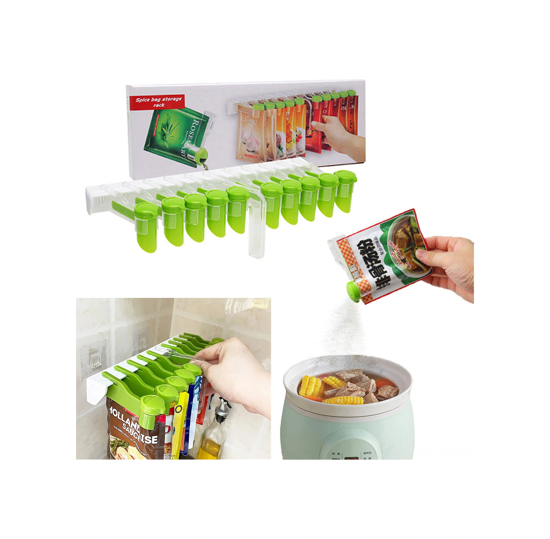 Fosenze Duvar Montlu Baharat Çantası Tutucusu - Yeşil 6 Delikli, Duvar Kurulumlu, Mutfak Malzemeleri Düzenleyici, Pratik Kullanim Yeşil